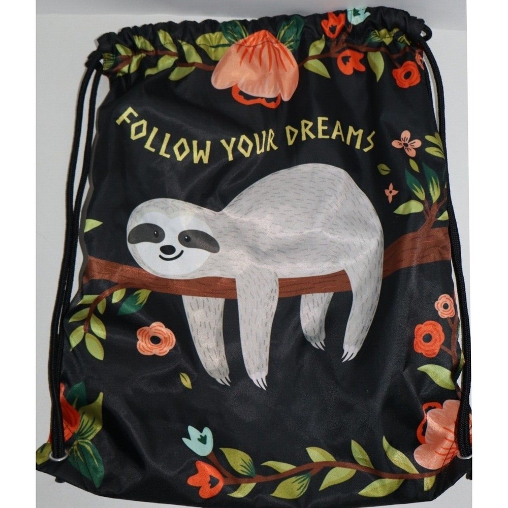 Follow Your Dreams Sloth Drawstring Backpack Floral Cinch Bag Black 16x18